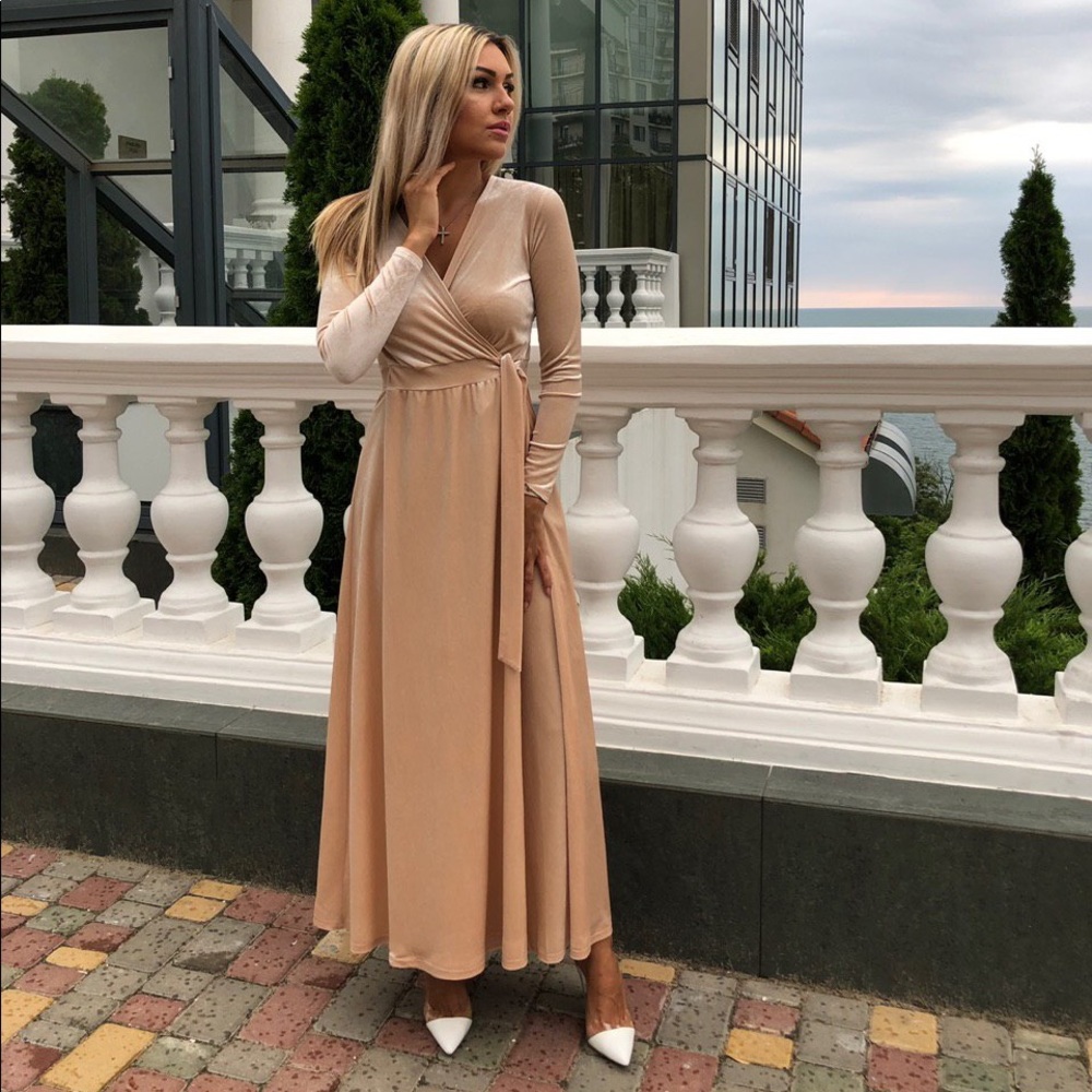 ❗️NEW❗️Beige Velvet Evening Wrap Maxi Dress